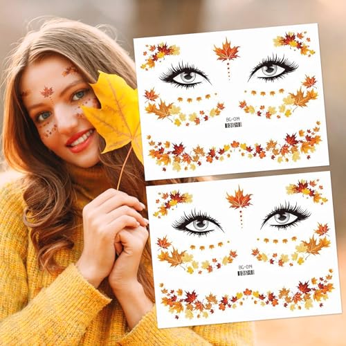 Fall Maple Leaf Face Stickers - Thanksgiving Temporary Tattoos (2 Pack)