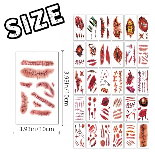 Halloween Zombie Scar Temporary Tattoos, 30 Sheets Waterproof Fake Wound Stickers