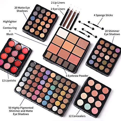 Makeup Gift Set For Women Girls, All in One Full Makeup Kit with Eyeshadow, Lip Gloss, Concealer, Blush, Contour, Highlighter Face Brushes Liquid Lipsticks Eyebrow Pen Eyeliner Pencil Sponge