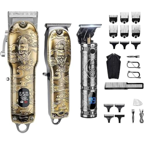Haircut Clippers and Trimmers Set of 3, Cordless Ornate Hair Clippers for Men Professional Barber Clippers for Hair Cutting Kit with T-Blade Beard Trimmer Set, Knight, LED Display(Gold)