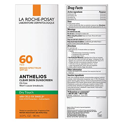 La Roche-Posay Anthelios Clear Skin Sunscreen Dry Touch SPF 60 | Oil Free Sunscreen For Face | Oil Absorbing | Broad Spectrum SPF + Antioxidants | Non-Greasy | Oxybenzone Free | Travel Size Sunscreen