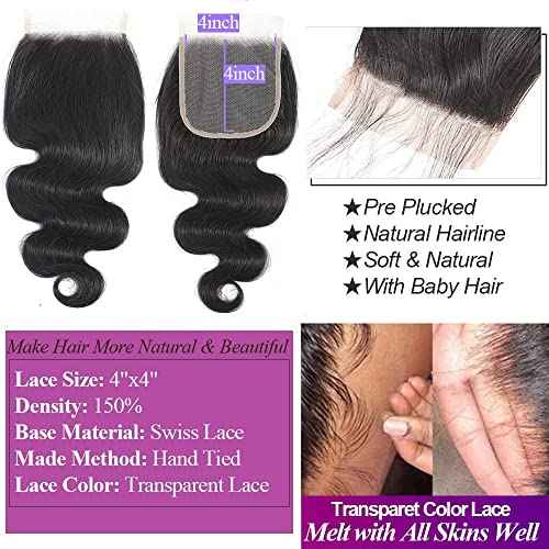 Body Wave Bundles with Closure Human Hair (14 16 18+14) Human Hair 3 Bundles with 4x4 HD Lace Closure Free Part 12A Grade 100% Unprocessed Virgin Hair Body Wave Bundles Natural Black Color