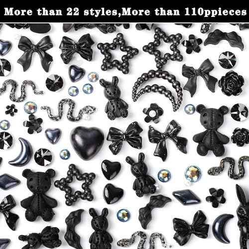 110 Pieces 3D Nail Charms for Acrylic Nails, Camellia Rose Flower Butterfly Bowknot Heart Bear Rabbit Star Charms for Nail Art Designs DIY Accessories Craft(Black+2)