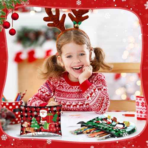 Zonon 6 Pcs Christmas Canvas Makeup Bags Small Cosmetic Bag Set with Zipper Portable, Cute Buffalo Plaid Style Pouch, Pencil Case Set Bulk for Women Student Holiday Travel Xmas Party Gifts Supplies