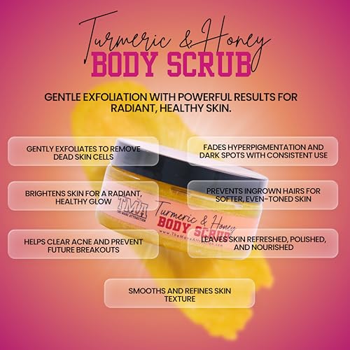 Turmeric Honey Body Scrub 8oz ? Exfoliating Scrub for Dark Spots, Hyperpigmentation & Ingrown Hairs ? Natural Brightening Face & Body Scrub with Tea Tree & Neem