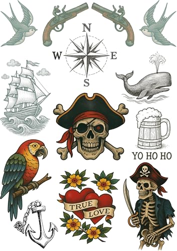 Pirate Sailor Fake Tattoos – A4 Sheet – Vintage Nautical Transfers