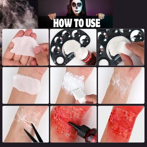 Bowitzki Fake Blood & Liquid Latex Kit,Pro SFX Makeup Set with 50ml Dark Fake Blood, 50ml Fresh Spray Blood, 2pcs Liquid Latex,Coagulated Blood, Sponge & Spatula for Halloween, Cosplay
