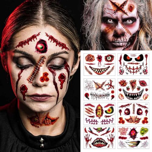 8PCS Fake Scars Tattoo Temporary Halloween Makeup Kit for Adult Women Men Zombie Sticker Scary Prank Fake Stitches Horror Evil Smile for Women Cosplay Party