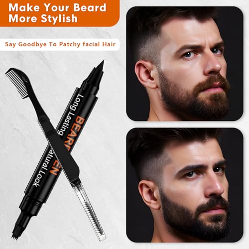 3-Pack Beard Pen Filler for Men, Waterproof & Sweat Proof Long-Lasting Beard Pen Kit with 2 Fillers & 1 Double-Headed Brush ? Effectively Enhances Facial Hair (Black)