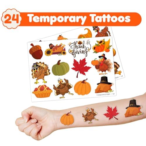 48PCS Thanksgiving Party Set - 24PCS Temporary Tattoos & 24PCS Slap Bracelets - Festive Fall-Themed Birthday Supplies, Baby Shower Gifts, Classroom Rewards & Holiday Decor for Kids (Boys & Girls)