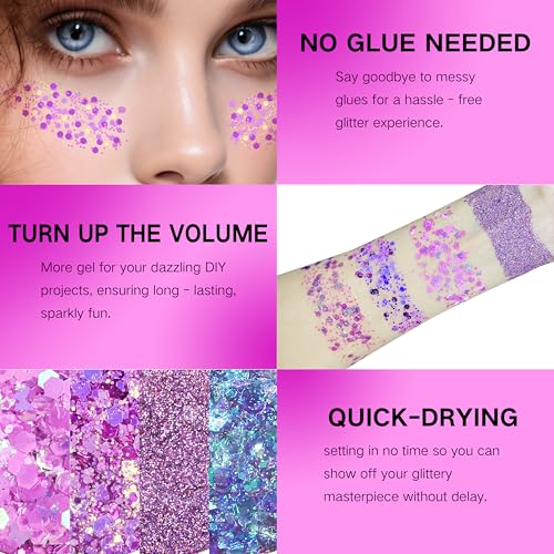 Purple Face Glitter Gel - Mermaid, Rave & Festival Makeup, 40g - Paminify