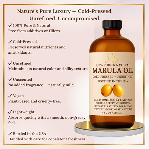 Marula Oil for Face, 100% Pure Cold-Pressed Unrefined, Moisturizing Skin & Hair Oil, Lightweight Non-Greasy Hydrating Face Oil- 4 fl oz Glass Bottle