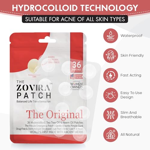 Zovira Original Hydrocolloid Spot Patches (36 Count) ? Blemish Patches with Niacinamide, Tea Tree & Neem Oil ? Acne Spot Treatment for Face, Day & Night Use