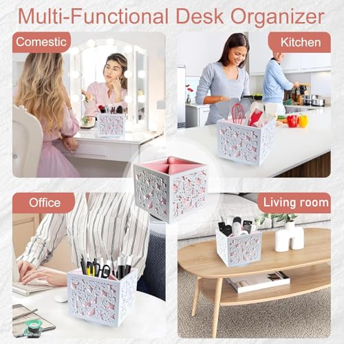360 Rotating Makeup Brush Holder with Butterfly Cutout, Pink Makeup Brush Organizer for Vanity - 4 Compartment Spinning Wooden Desk Organizer for Pens, Lipsticks, Eyebrow Pencils
