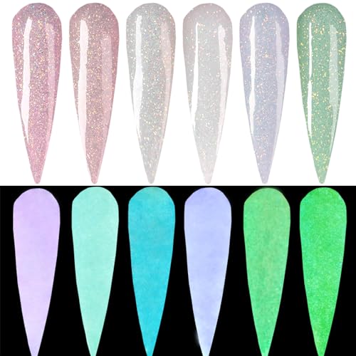 Oumisaya Glow in the Dark Nail Dip Powder Set - Pink White Glitter
