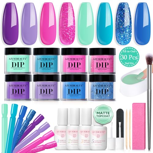 AZUREBEAUTY 30Pcs Dip Powder Nail Kit Starter with Nail Sticks, Translucent Nude Pink 8 Colors Dipping Liquid Set Added Matte Top Coat Recycling Tray for Velvet Nail Art Manicure Salon DIY Home