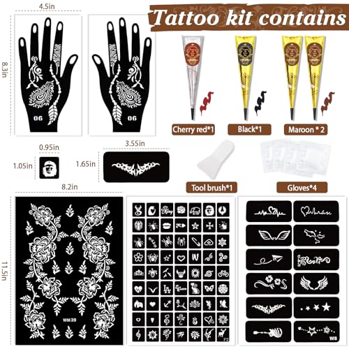 InkForge Temporary Tattoo Kit with 4 Inks & Stencils - Red, Black, Maroon, Cherry Red, DIY Body Art for Women Men Kids, Party Gifts - Variation: 4P-Red1 Black1 Maroon2