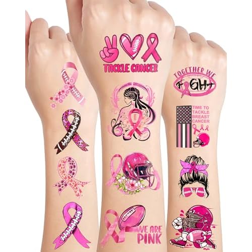 152 Pieces Tackle Breast Cancer Awareness Temporary Tattoos Stickers,20 Sheets Pink Out Football Breast Cancer Awareness Themed Tattoos Stickers Party Decoration Supplies favors for Kids Adults