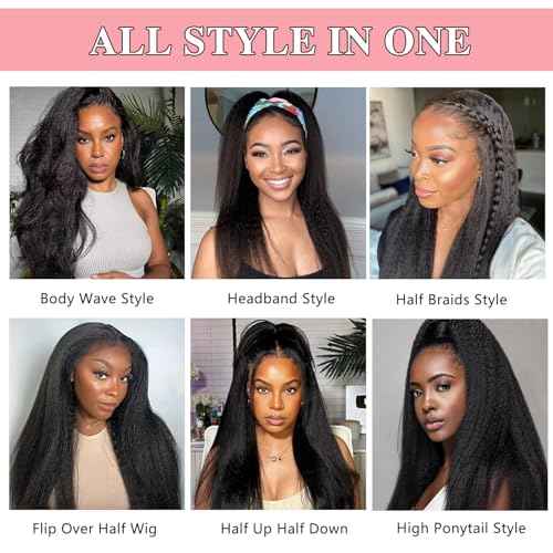 Nvnvdij Kinky Straight Half Wig Human Hair 200% Density Wear Go Glueless Wigs Human Hair 22 Inch Kinky Straight 3 In 1 Half Wigs for Women Drawstring Seamless Flip Headband Wig Beginner Friendly