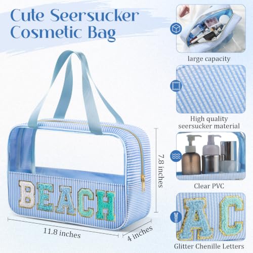 Sanwuta 3-Piece Seersucker Beach Bag Set with Clear Makeup Pouch