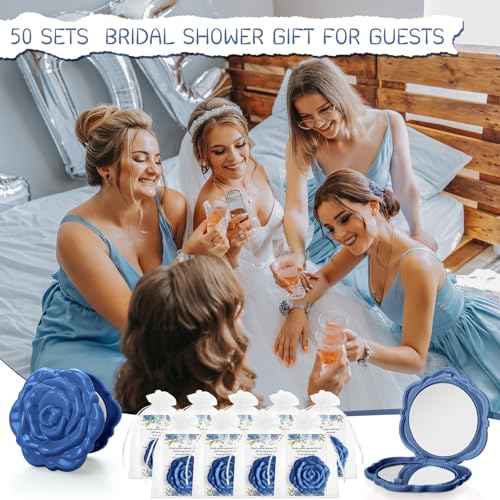 50 Sets Bridal Shower Party Favors for Guests Small Rose Compact Mirror Bulk Wedding Favors Thank You Cards and Organza Bags Wedding Party Guests Souvenir Gift (Blue)