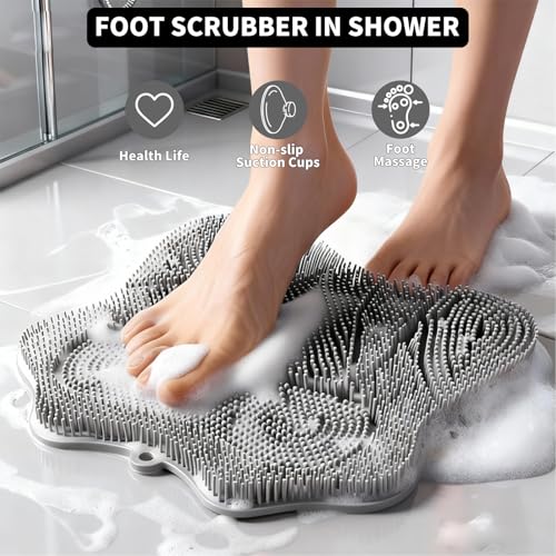 Show Foot Scrubber Mat & Silicone Back Scrubber with Butterfly Form Design,3 Brush Designs for Deep Cleaning Shower Foot Scrubber Mat, Wall Mounted Back Scrubber Silicone Bath(Grey)