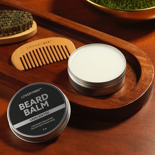 LOVERY Beard Balm for Men, Gift Set in Unscented, Sandalwood, Tobacco Vanilla, Cedar Pine Fragrances, All-Natural Wax, Cream Softener Butter, 4 Pack