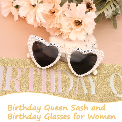 Gold Birthday Sash for Women & Girls with Heart-Shaped Glasses - Party Accessories