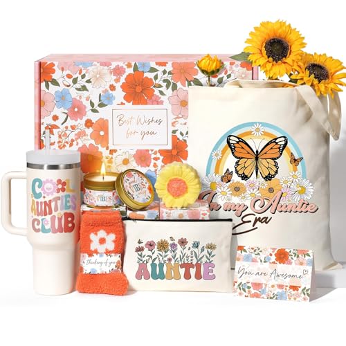 Best Aunt Gifts, Christmas Gifts for Auntie from Niece Nephew, Unique Birthday Gift Basket for Aunt, Aunties, Aunts to Be, Care Package for Women Best Auntie Gift with Makeup Bag 40 OZ Tumbler