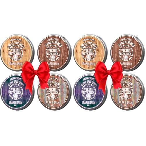 Viking Revolution 4 Beard Balm Variety Pack (1oz Each) - Sandalwood, Pine & Cedar, Bay Rum, Clary Sage - Styles, Strengthens and Softens Beards and Mustaches - Wax for Men (Pack of 2)
