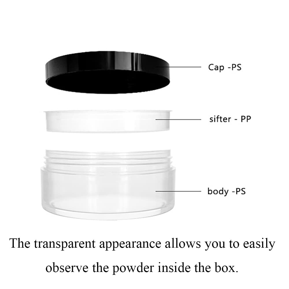 HAHIYO 4Pcs 10ml/0.34oz Plastic Empty Travel Powder Container Small Loose Powder Compact Case Makeup Cosmetic Jar Refillable Powder Box No Leak Powder Holder with Rotatable Sifter and Black Screw Lid