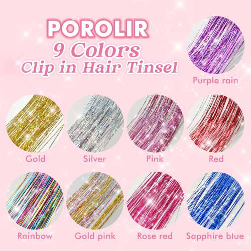 POROLIR Silver Clip-In Hair Tinsel Extensions 20 Inch Sparkly Fairy Hair Accessories for Women & Kids - Heat Resistant, Reusable