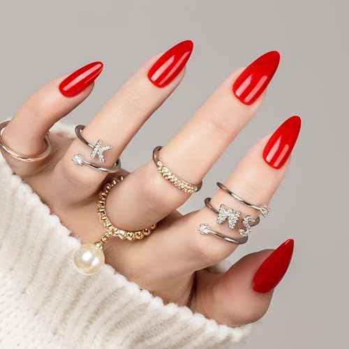 30Pcs Almond Press On Nails - Supremely Fit & Natural Soft Gel Almond Nails,15 Sizes, Reusable Fake Nails Kit with Gift Box for Women (Warm Red)