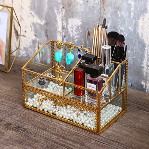 Golden Glass Box Vanity Tray Glass Case Makeup Display Organizer on Dresser, Multifunctional Cosmetic Storage for Palette Lipstick Makeup Brushes Skincare Perfumes Bathroom Accessories