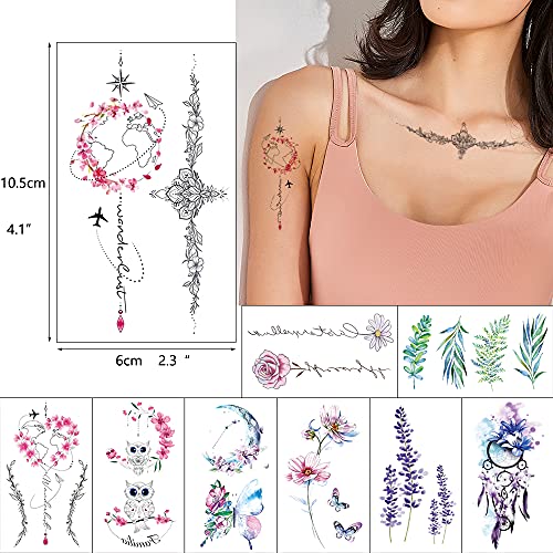 Black Floral Temporary Tattoos - 48-Pack Waterproof Fake Tattoos