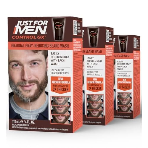 Just for Men Control GX Grey Reducing Beard Wash Shampoo with Keratin, Gradually Colors Mustache and Beard, Leaves Facial Hair Thicker Softer and Fuller, 4 Fl Oz - Pack of 3 (Packaging May Vary)
