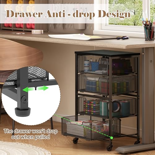 4-Drawer Rolling Cart with Wooden Top & Lockable Wheels