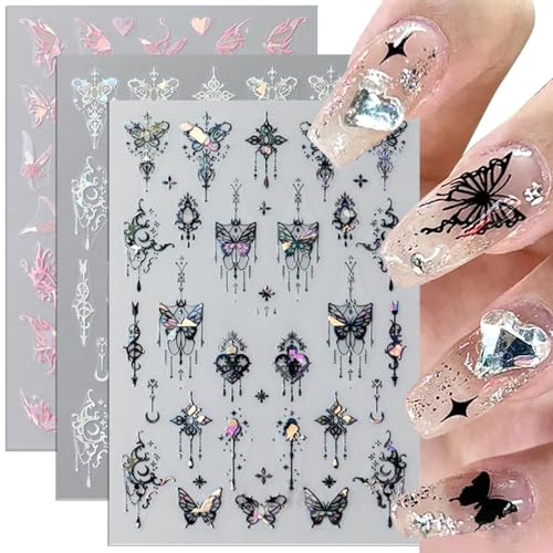 8pcs Metallic Silver Butterfly Nail Stickers 3D Laser Black Butterfly Nail Decals Aurora Butterfly Nail Art Stickers Pink Butterfly Stickers for Nails DIY Butterflies Nail Sticker Women Nail Supplies