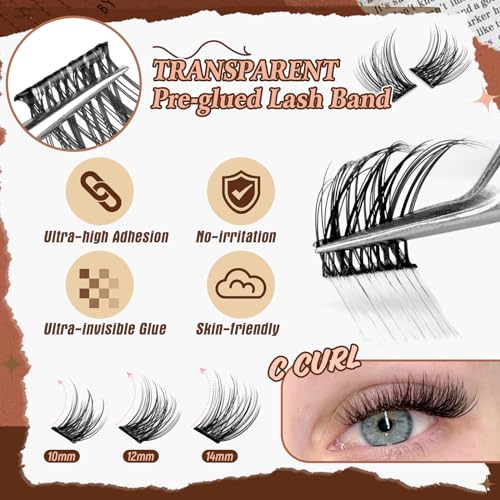 Calphdiar Self Adhesive Eyelashes Reusable Lash Clusters Kit Natural Self Adhesive Lashes No Glue Eyelash Clusters C-curly Press on Lash Clusters 10-14MM DIY Cluster Eyelash Extensions