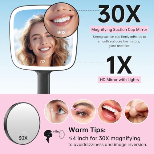 Rechargeable Lighted Hand Mirror with 30X Magnifying, 3 Color LED