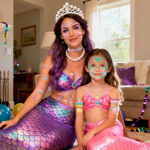 HOWAF 4 PCS Summer Face Tattoos, Mermaid Face Sticker Flower Shell Temporary Tattoos Stickers for Fish Mermaid Costume Carnival Halloween Costume Women