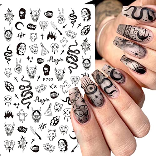 8 Sheets Halloween Nail Art Stickers Decal 3D Gothic Punk Horror for Halloween Black Snake Skull Spider Ghost Scary Wound Scar Bloody Nail Designs Holiday Nail Stickers for Halloween Nail Decorations