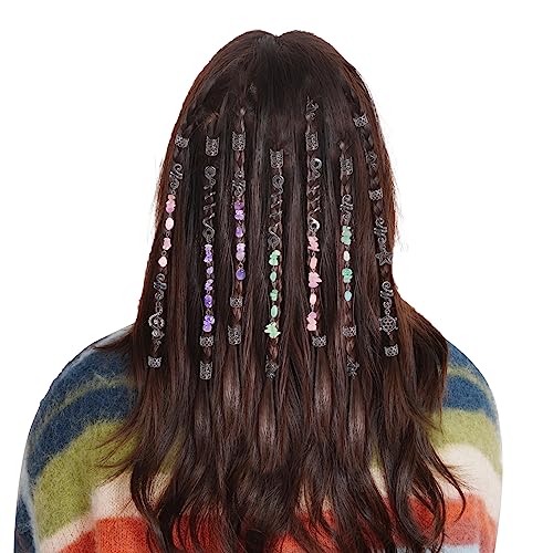 hoyuwak 40Pcs Hair Jewelry for Braids Loc Dreadlock Accessories Hair Beads Clips Cuffs Charms Rings for Women Grls Rave Punk Hairstyle Decoration, Black