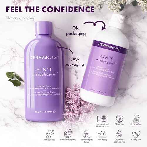 DERMAdoctor Ain't Misbehavin' Dermatologist Formulated Clarifying and Hydrating Toner with Glycolic Acid & Lactic Acid; For Oily and Acne Prone Skin, Pore Minimizer for Face and Body - 6 fl oz