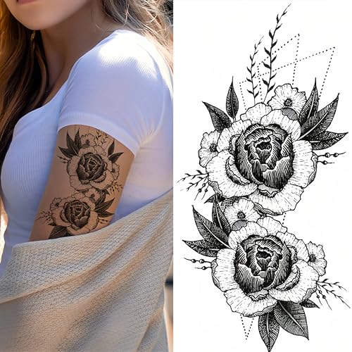 Temporary Tattoo 3 Sheets LargeTemporary Tattoo for Men Women Adults Waterproof Friction Resistant Low Reflective Lasts 5-7 day Theam Blooming roses