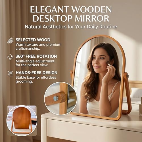 ZOROSY Arch Vanity Mirror 16.5" - Rotating Makeup Mirror with Wood Base