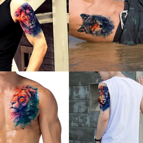 Glarryears Temporary Tattoos for Adults - 18-Pack Large Fake Tattoos, Long-lasting Animal Designs: Wolf, Lion, Tiger - Realistic 3D, Cool on Half Arm, Leg, Back, Body