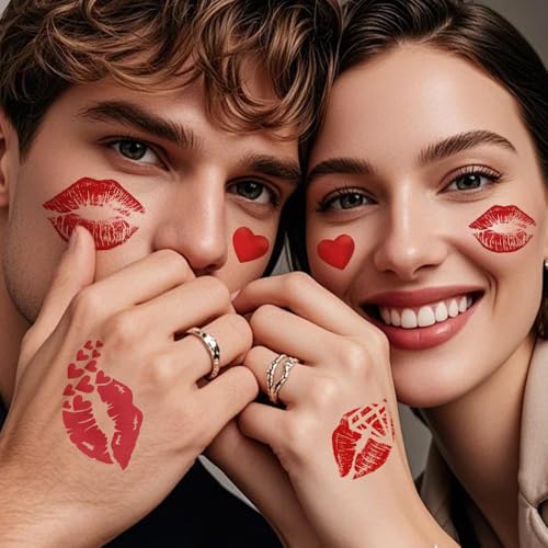 8 Sheets (70PCS) Lip Kiss Temporary Tattoos Stickers Valentines Day Theme Hot Pink Red Halloween Birthday Party Decoration Supplies Favors for Women Girls