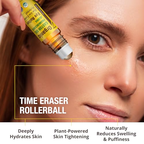 Seven Minerals Castor Oil Roll On Eye Roller for Under Eye Bags, Dark Circles & Wrinkles - Powerful Organic Blend of Castor, Frankincense & Jojoba - Brighten, and Revitalize Skin & Face - 0.33 fl oz