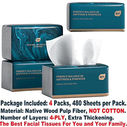 Small Soft Facial Tissue, Bag Cover, NOT In Box, Disposable Facial Napkin, Material Wood Pulp Fiber NOT COTTON, White Facial Paper Tissue, 4-Ply, 4 Packs, 480 Sheets per Pack